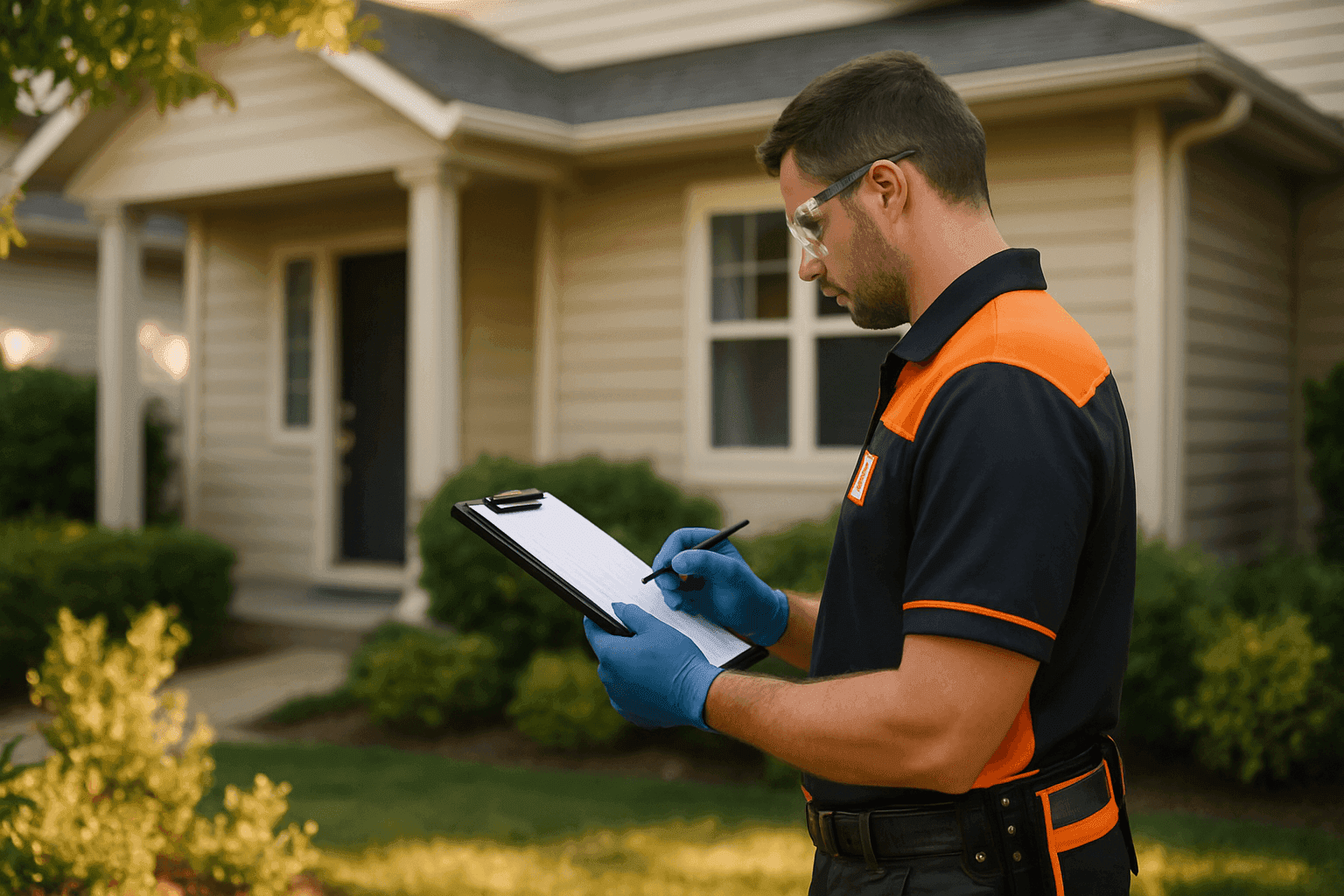 Home insurance agent in safety gear inspecting a well-kept residential property exterior