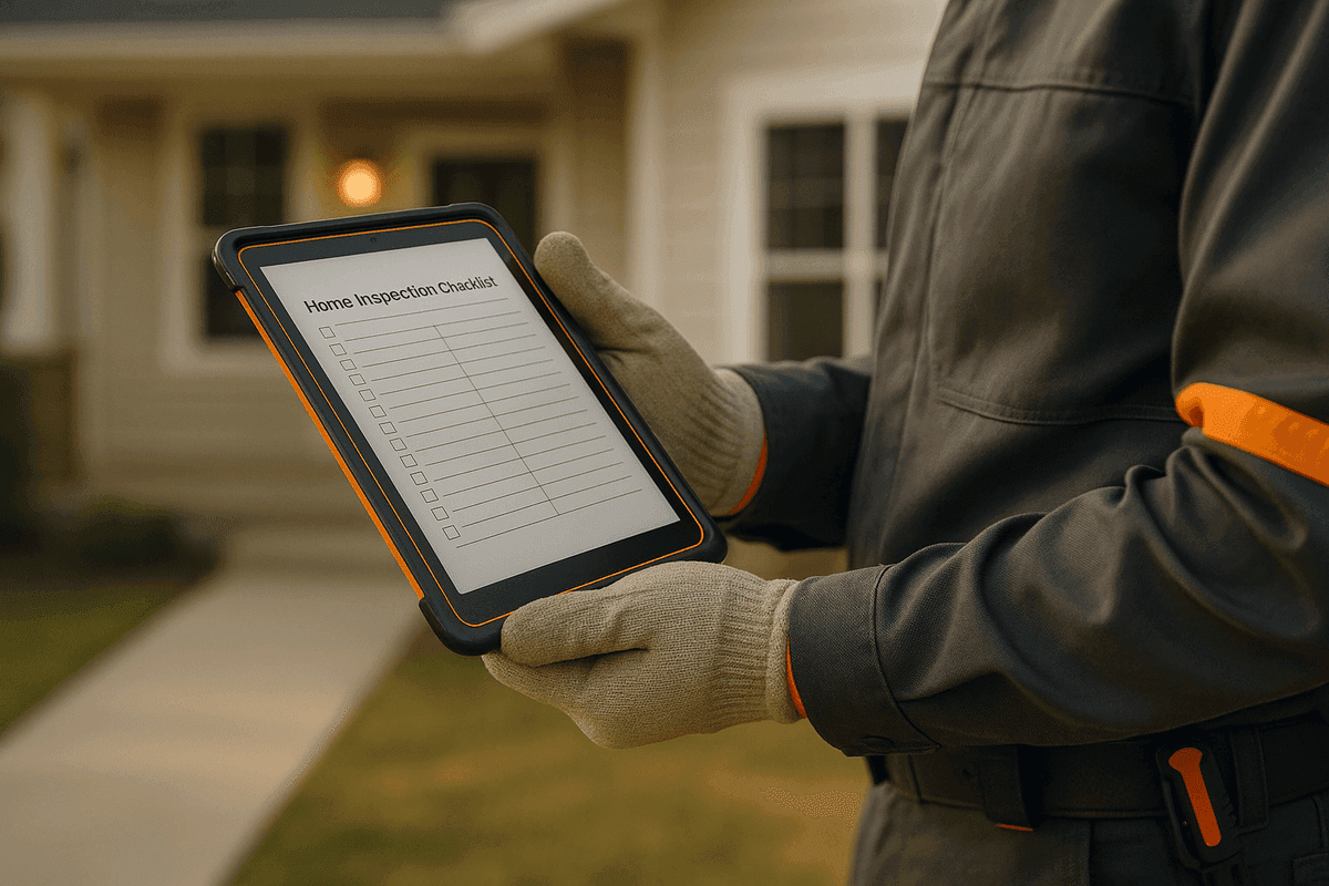 Close-up of home insurance agent's gloved hands holding tablet with inspection checklist
